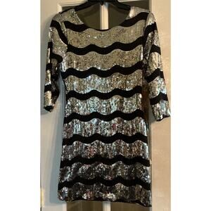 Fredericks Of Hollywood Silver Sequin Black Short Dress 3/4 Sleeves M Low Back